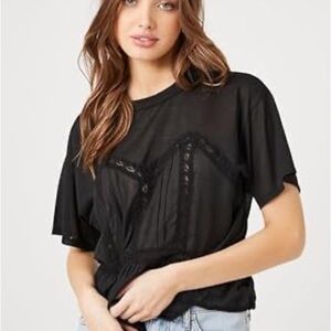 Forever 21 Black Semi Sheer Short-Sleeve Lace-Trim Tee